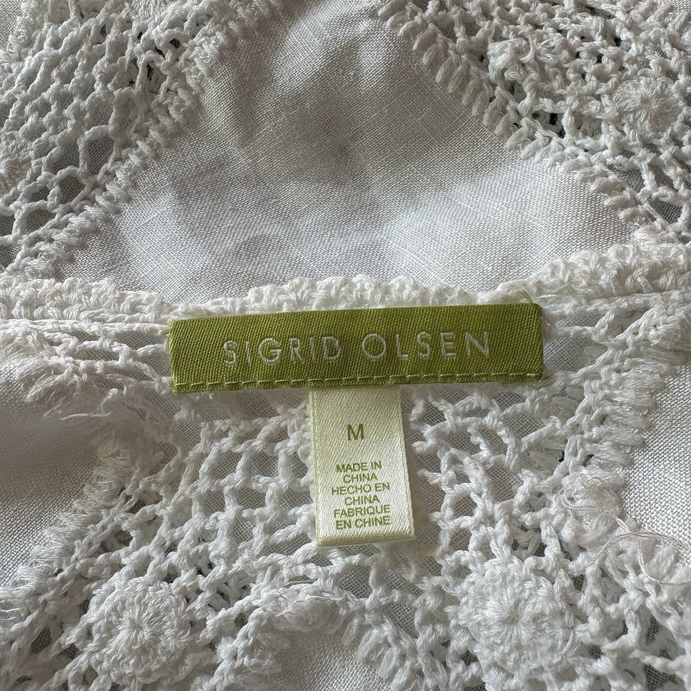 Sigrid Olsen VTG White Linen Crochet Tunic Top Lace Diamond Y2K Boho Sz Medium M - Picture 6 of 8